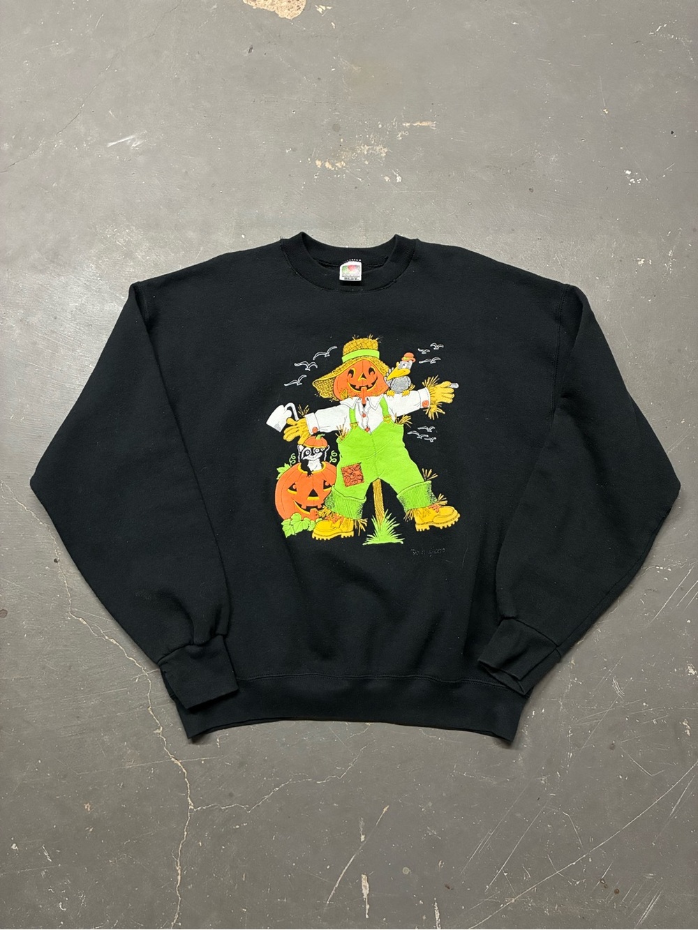 Vintage 90s Halloween Autumn Scarecrow Pumpkin Patch Black Crewneck Mens XL